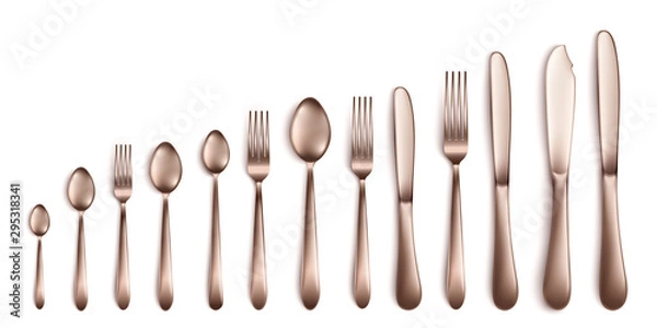 Fototapeta Set and collection of realistic cutlery in dark silver or bronze.
