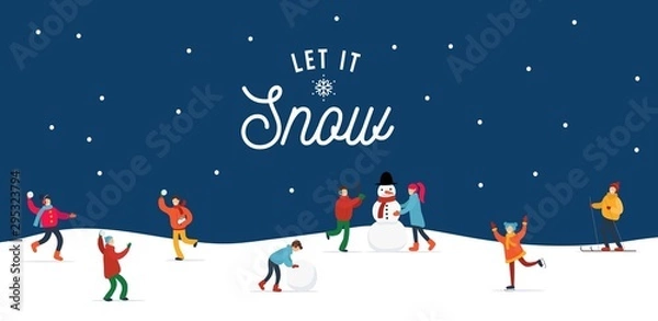 Obraz Let it snow people doing winter activities and having fun banner vector illustration. Cute and happy folk making snowman, playing snowballs and skiing. Happy holidays concept