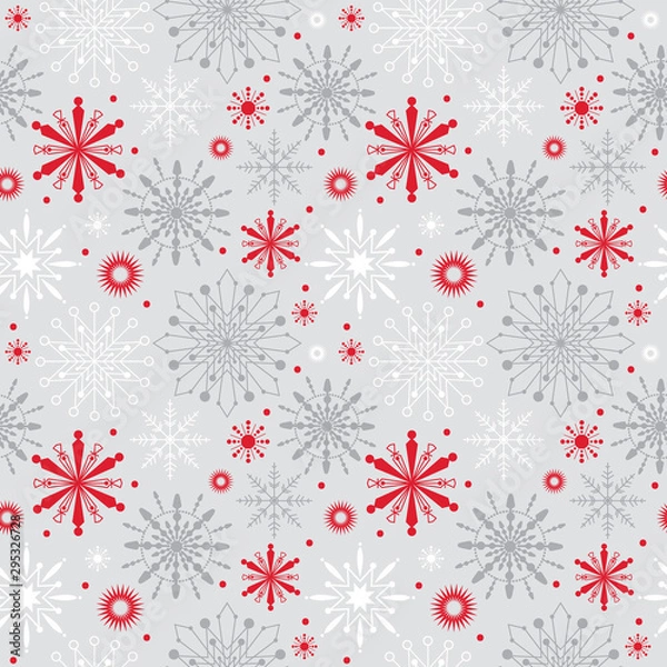 Obraz Seamless pattern snowflakes with red and silver color, vector illustration