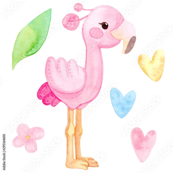 Fototapeta Cute cartoon illustration. Hand drawn watercolor. Set of tropical pink flamingos, heart, leaf, flowers. The template is isolated on a white background.