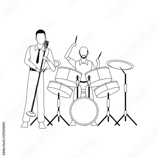 Fototapeta singer and musician playing drums set, flat design