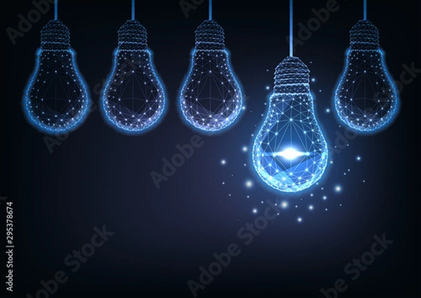 Fototapeta Futuristic raw of glowing low polygonal electric light bulbs on dark blue background.
