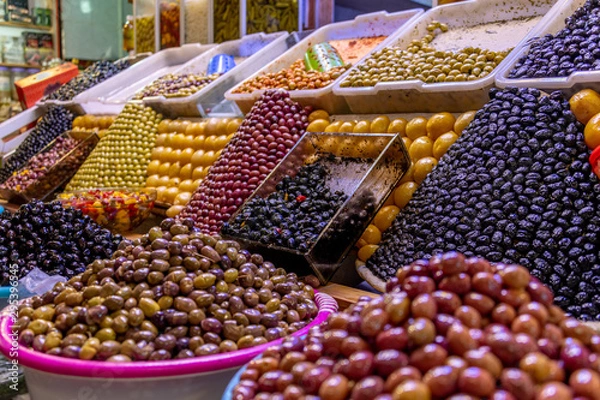 Obraz Colorful olives on beautiful display in Morocco market