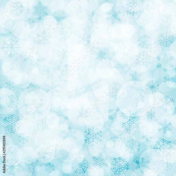 Obraz Abstract beautiful blurred bokeh background with snowflakes on blue background. Vector illustration for Christmas and New Year design. EPS10.