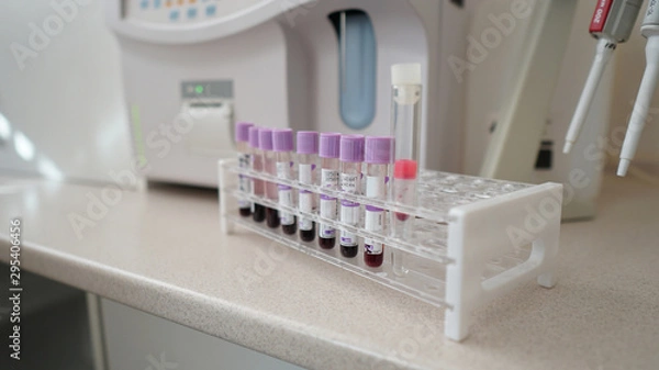 Obraz Set of test tubes close-up in laboratory in plastic box holder.