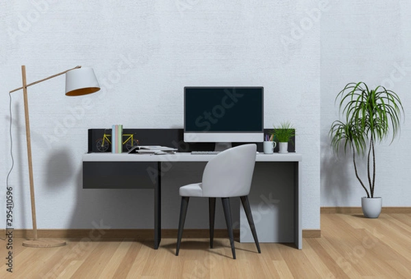 Fototapeta 3D render of interior modern living room workspace with desk and desktop computer
