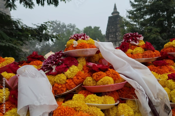 Obraz インド、ブッダガヤ、仏教の聖地、大菩提寺と花