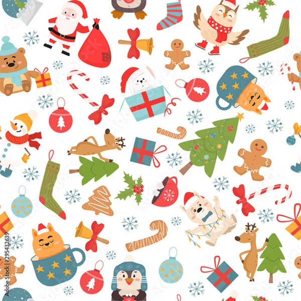 Fototapeta Winter holidays celebration symbols vector seamless pattern