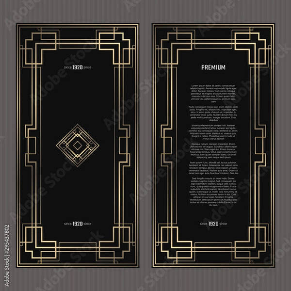 Fototapeta Vector card. Art Deco style. Dark golden geometric frame on black background. Luxury menu concept with logo.