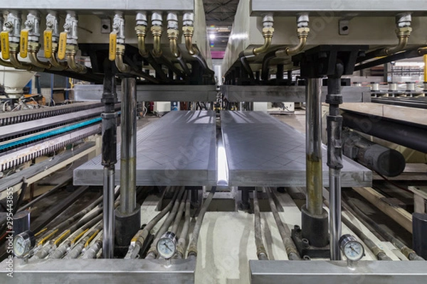 Fototapeta Polycarbonate production line. Industrial photos of factory translucent structures