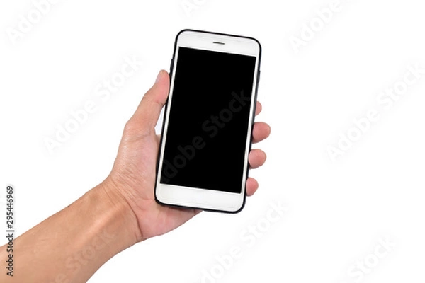 Fototapeta Hand holding Mobile phone or Cell phone on white background Smart phone technology clipping path