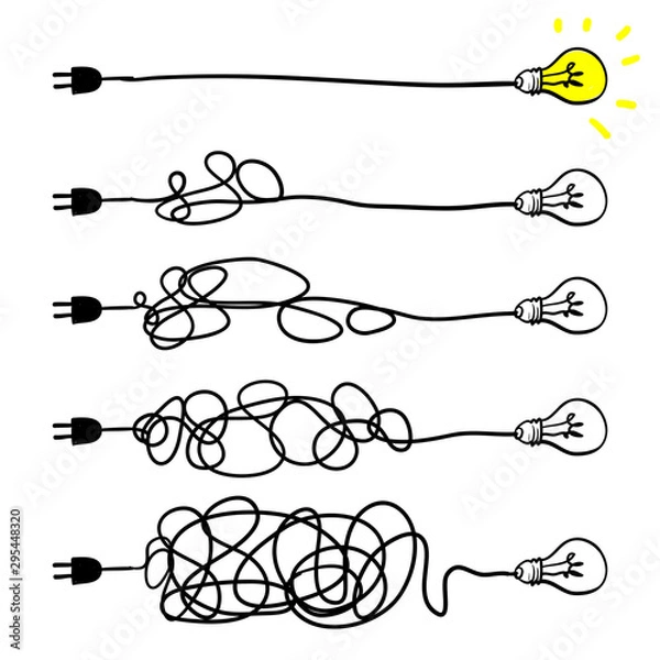 Fototapeta Simplifying the complex, confusion clarity or path. vector idea concept with lightbulbs doodle illustration
