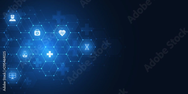 Fototapeta Healthcare and technology concept with flat icons and symbols. Template design for health care business, innovation medicine, science background, medical research.