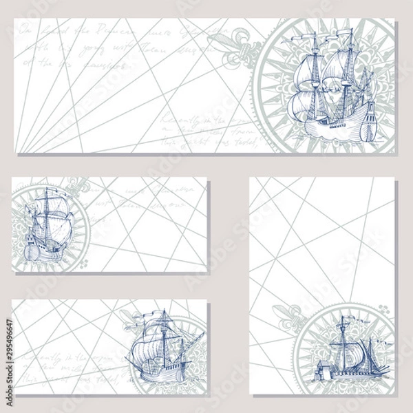 Obraz Old caravel, vintage sailboat. Sea adventure vector background. Doodles design elements business cards, banners, menu