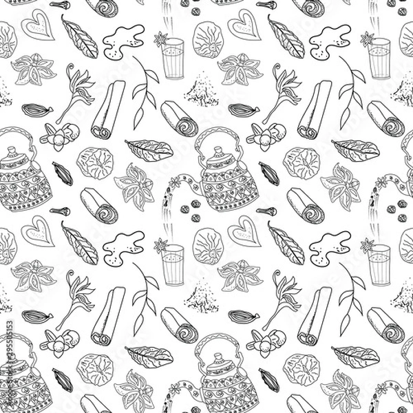 Obraz Masala chai tea outline seamless pattern, vector