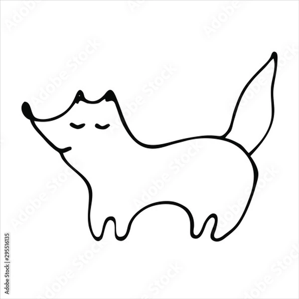 Fototapeta Hand drawn black line art vector, animal fox walking on white background isolated for use in design, greeting card, logo, doodle illustration