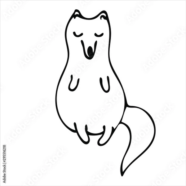 Fototapeta Hand drawn black line art vector, animal fox on white background isolated for use in design, greeting card, logo, doodle illustrations