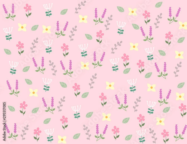 Fototapeta Many flowers and leaves on a pink background.Floral spring wallpaper.Romantic floral pattern used for decoration.