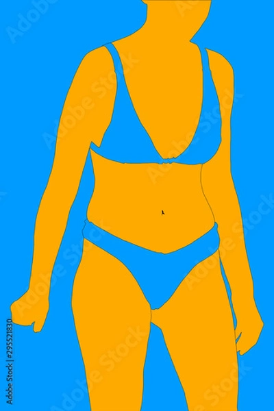 Obraz Yellow vector illustration of woman in swimsuit in blue background. Swimsuits are formed blank background.