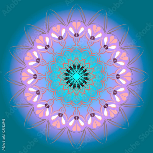 Obraz Round pattern, floral oriental motifs. Bright psychedelic colours. Design element, ethnicity, symmetry.  Pink outlines - on a blue-green background.