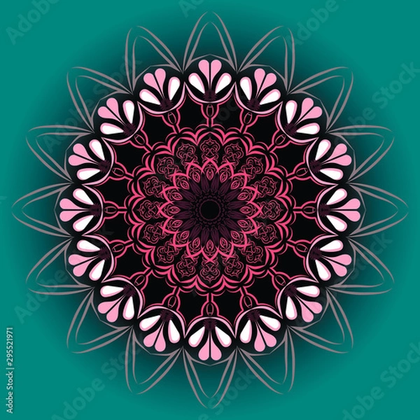 Obraz  Round pattern, floral oriental motifs. Bright psychedelic colours. Design element, ethnicity, symmetry.  Pink outlines - on a blue-green background.