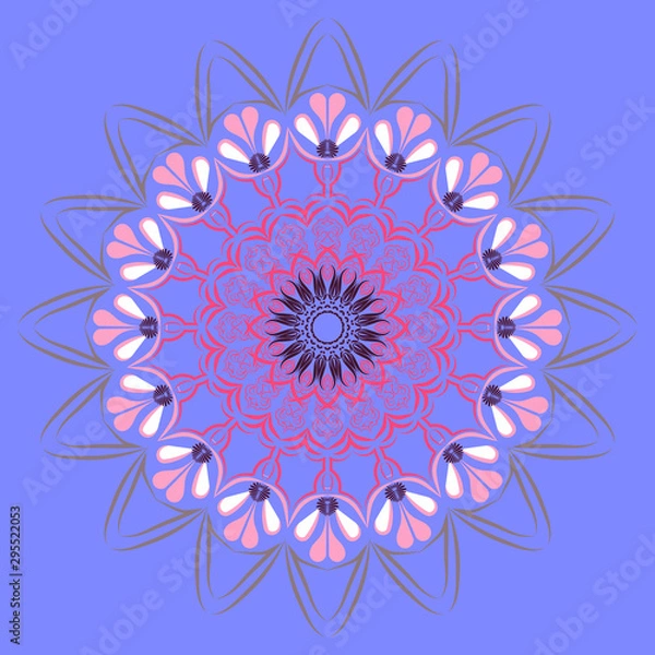 Obraz Round pattern, floral oriental motifs. Bright colours. Design element, ethnicity, symmetry. Pink-red with gray elements - on a blue-violet background.