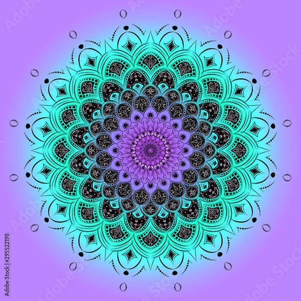 Obraz Round pattern, floral oriental motifs. Bright colours. Design element, ethnicity, symmetry. Black outlines with elements - on a blue-violet background.