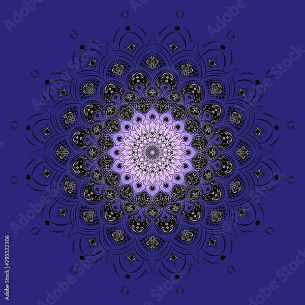 Obraz Round pattern, floral oriental motifs. Bright colours. Design element, ethnicity, symmetry.  Black outlines with elements - on a blue-violet background.