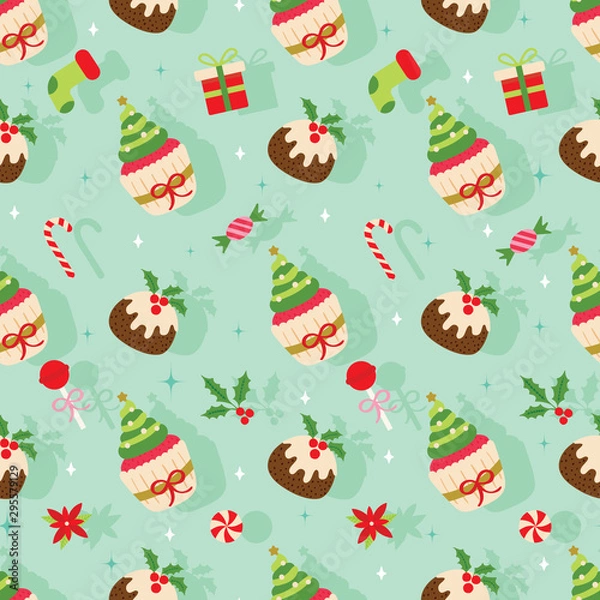Obraz Christmas seamless pattern with pudding, cupcake, taffy, candy cane, socks, gift, etc… on shadow background. Cute holiday vector illustration. 