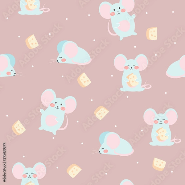 Fototapeta Mouse and cheese. Seamless vector pattern. Cute background for baby, kids, children