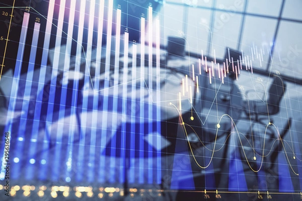 Fototapeta Double exposure of forex chart on conference room background. Concept of stock market analysis