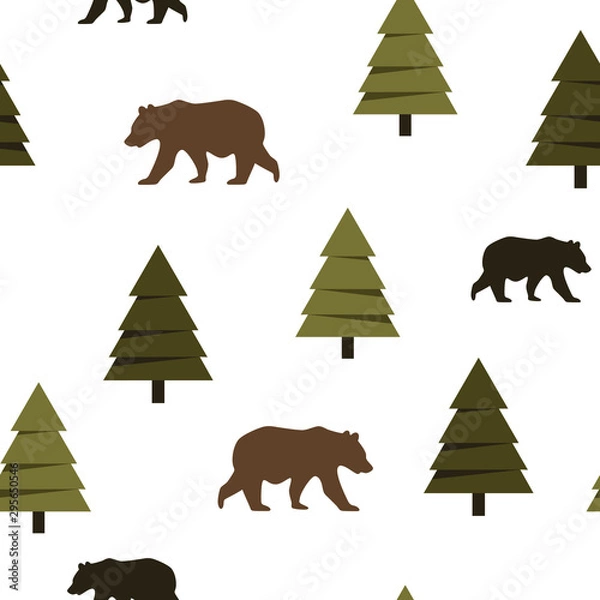 Fototapeta Vector seamless pattern of trees and bears. Great for woodland themed backgrounds, home decor, children's fashion.