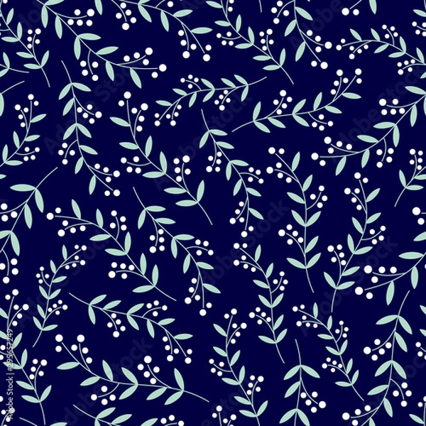 Fototapeta Vector seamless pattern of white berries with mint green vines on a dark navy blue background. Great for dressmaking fabric, bedroom decor and wallpaper.