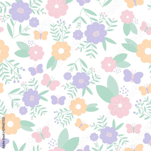 Fototapeta Vector seamless pattern of pastel flowers, leaves, berries and butterflies on a white background. Great for dressmaking fabric and bedroom decor.