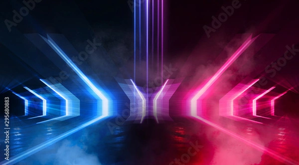 Fototapeta Wet asphalt, concrete, road. Night view of a dark neon scene. Neon lights, lines, rays of blue red neon. Abstract light, virtual scene.
