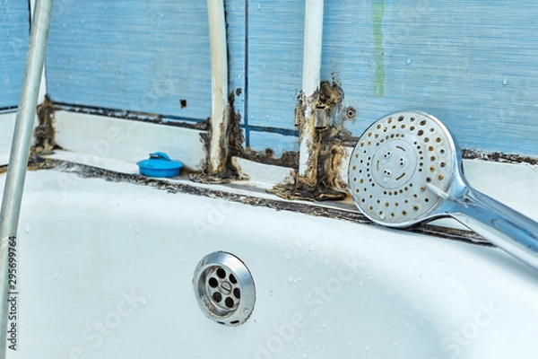 Fototapeta Black mold and fungus in the bathroom.