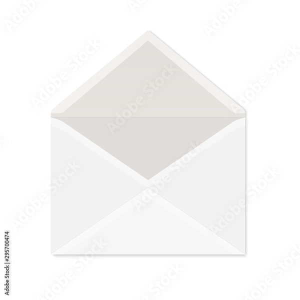 Fototapeta Realistic white paper envelope for postcard or invitation. Blank vector mockup of opened envelope with shadow on white background.