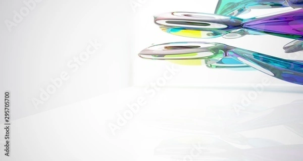 Fototapeta Abstract architectural white and glass gradient color smooth interior of a minimalist house with large windows.. 3D illustration and rendering.