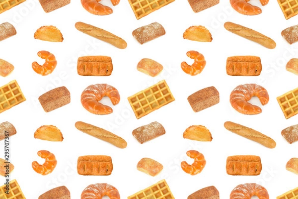 Fototapeta Seamless pattern fresh bread products isolated on white background.
