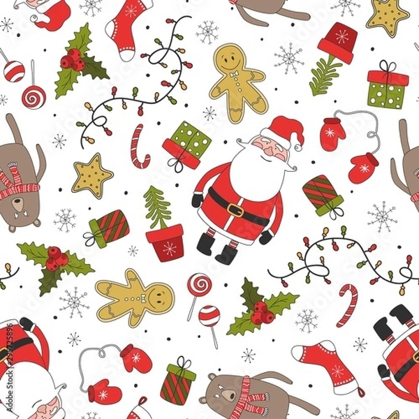 Fototapeta Seamless pattern with Christmas and Happy new year items. Vector illustration.