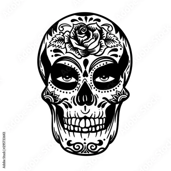 Fototapeta Vector hand drawn illustration of Day Of The Dead Skull. Skull sugar flower. Skull tattoo isolated on white.