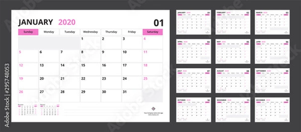 Fototapeta 2020 calendar planner set for template corporate design week start on Sunday.