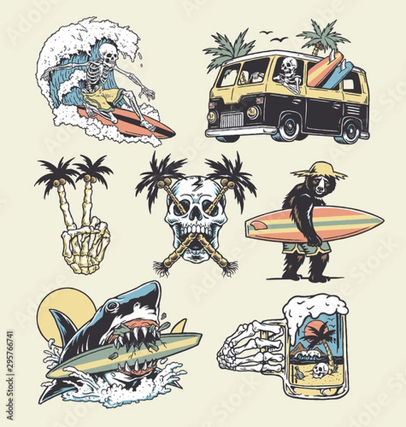 Obraz Zestaw ostrych ilustracji dotyczących surfingu i plaży. Do koszulek, naklejek i innych podobnych produktów.
