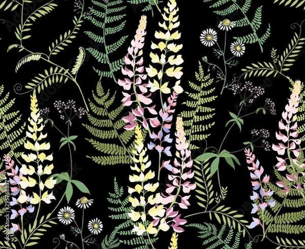 Fototapeta Bouquets of forest flowers at night. Vector seamless pattern.
