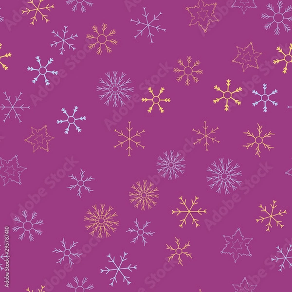 Fototapeta Snowflakes in different shapes and forms. Merry Christmas and New Year seamless vector pattern. Colorful background for Xmas.