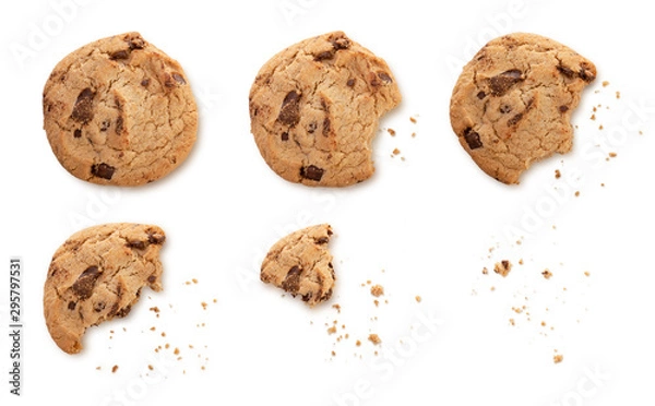 Fototapeta Steps of chocolate chip cookie being devoured and shadow with clipping path.