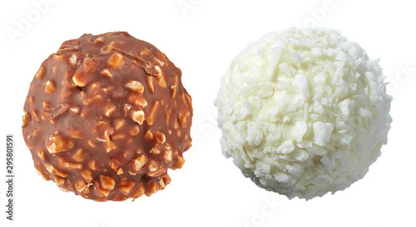Fototapeta Beautiful pair of white and dark chocolate ball shaped candies with filling, nuts and coconut shavings isolated on white background. Full sharpness across the entire field of the frame.