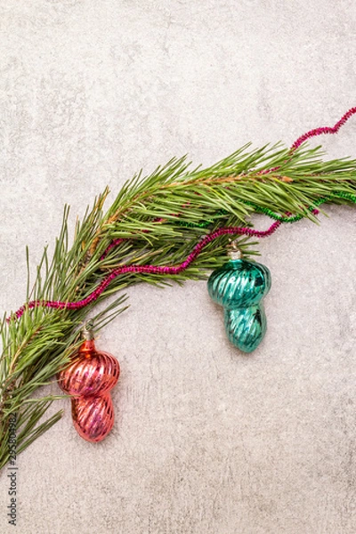 Fototapeta Vintage Christmas tree toys. New Year holiday concept. Evergreen pine branch