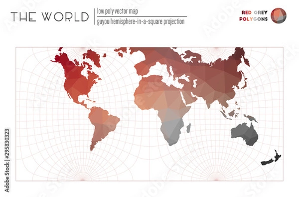Fototapeta World map in polygonal style. Guyon hemisphere-in-a-square projection of the world. Red and grey colored polygons. Beautiful vector illustration.