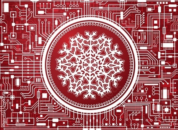 Fototapeta Red Christmas chipset background with huge white snowflake in the center. Holiday technology concept banner. Vector hi-tech new-year horizontal illustration.
